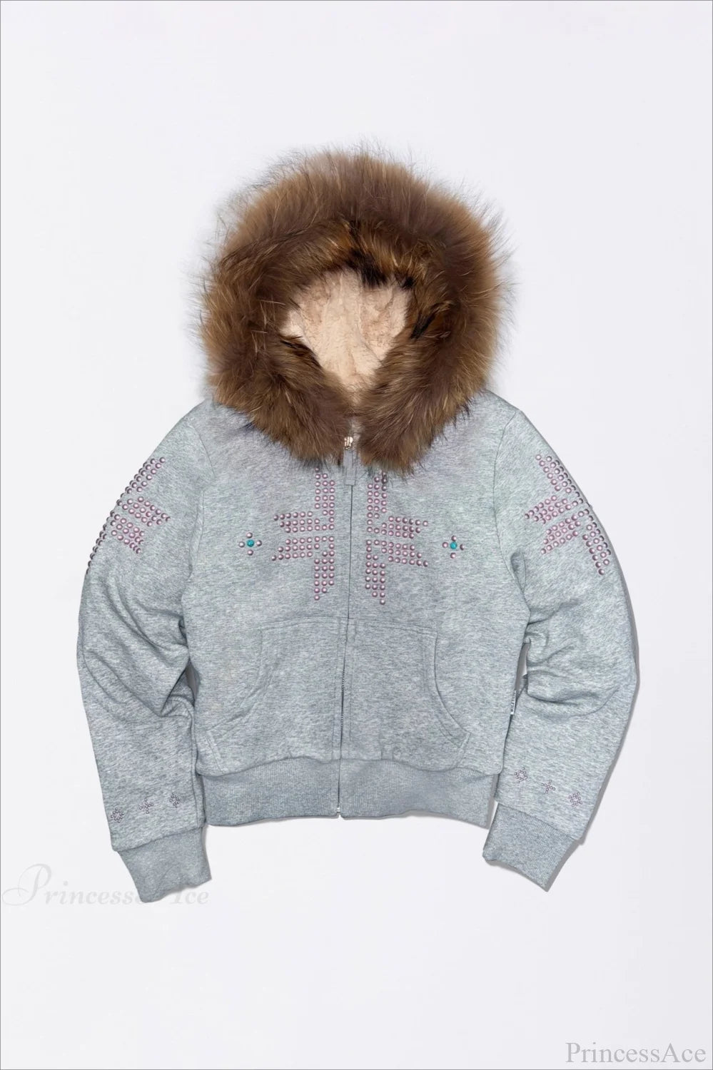 Y2K Sherpa Collar Rhinestone Zip-Front Waist-Cinched Hoodie