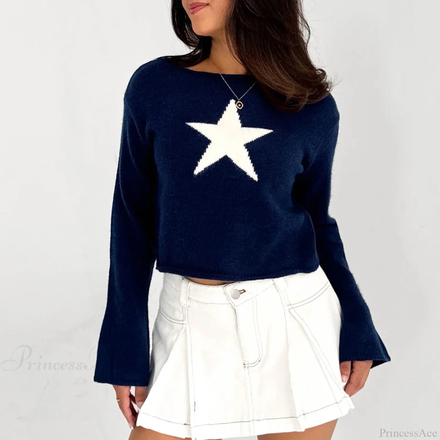 Y2K Star Print Lightweight Crewneck Cropped Knit Pullover Top knittop-250126