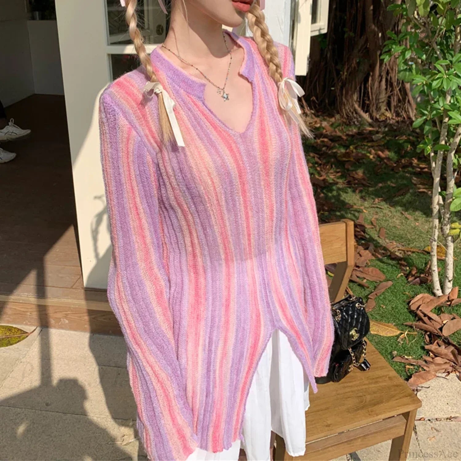 Y2K Vintage Long Sleeve Vertical Stripe Print Knit Top Pink / One Size knittop-250126