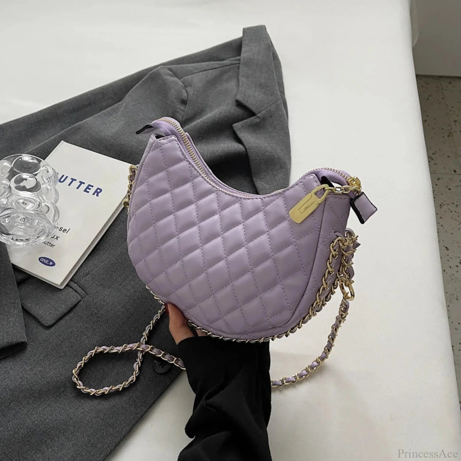 Zipper Women’s Bag Diamond Crossbody PU Leather Clutch violet clutchbag-250126